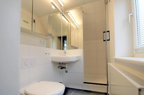 ein Bad mit einem WC, einem Waschbecken und einer Dusche in der Unterkunft Olhörnweg 2 in Wyk auf Föhr