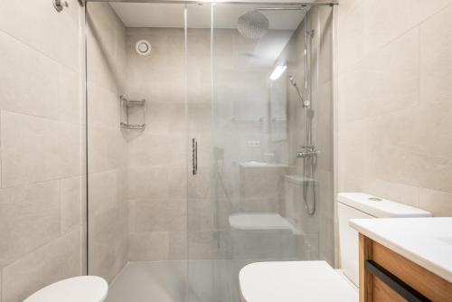 a bathroom with a shower and a toilet and a sink at Eth Turcalh by Totiaran in Baqueira-Beret