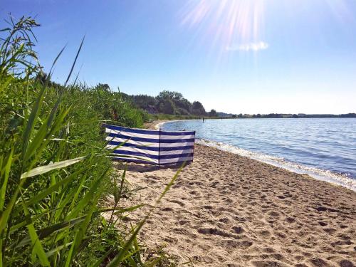 einen Stuhl am Strand neben dem Wasser in der Unterkunft Kapitäns Hus - Ferienhaus mit Wellness und Wasserblick in Lauterbach