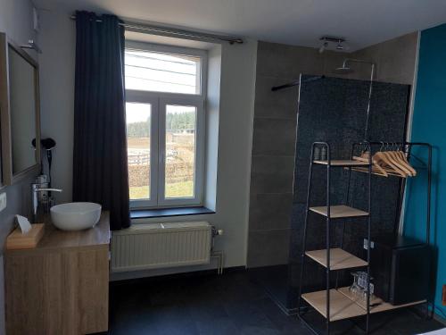 La salle de bains est pourvue d'une douche, d'un lavabo et d'une fenêtre. dans l'établissement Jeux de Goûts, à Hérissart