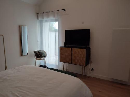 1 dormitorio con 1 cama y TV de pantalla plana en Ô'date gîte &spa en Nantes