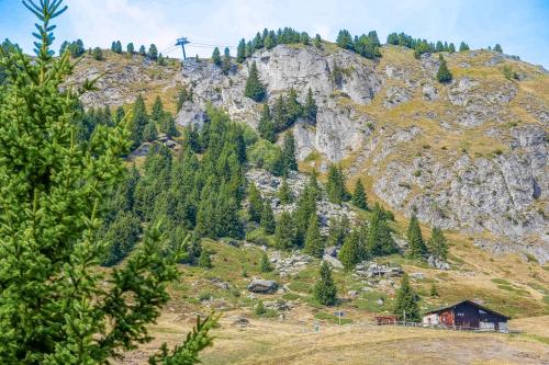 a mountain with a house and a cross on it at Riederhof 355 in Riederalp