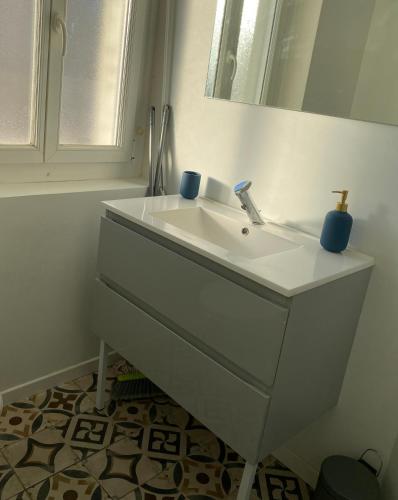 une salle de bain avec un lavabo blanc et un miroir dans l'établissement Le quai des marins, à Châteauroux