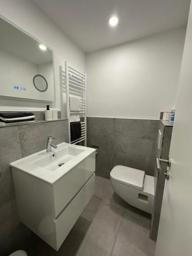 a bathroom with a white sink and a toilet at S-AP Daily Room Stuttgart in Stuttgart