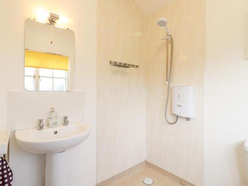 a white bathroom with a sink and a shower at Rector's Retreat in Ipswich