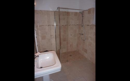 une salle de bain avec douche et lavabo dans l'établissement La maison de pepe a rougiers, à Rougiers