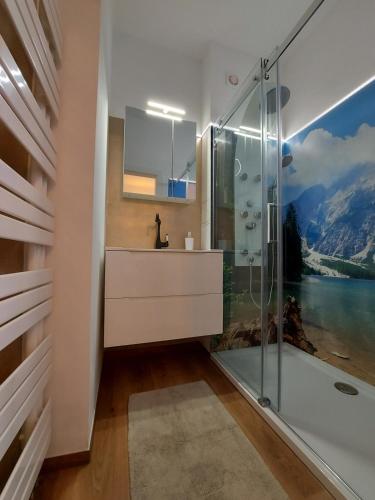 a bathroom with a shower and a bath tub with a view at AusZeit Steiraland 3 mit überdachter Terasse privatem Garten und gratis Parkplatz in Leoben