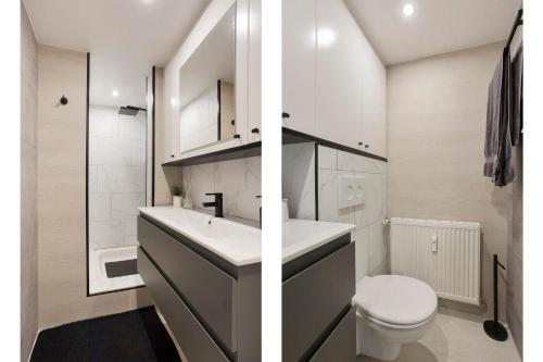 een badkamer met een wastafel en een toilet. bij Familie Vakantiehuisje F108 - 4p - Hengelhoef - Houthalen-Helchteren in Aan de Wolfsberg