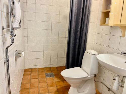 a bathroom with a toilet and a sink and a shower at First Camp Moraparken Hotel in Mora
