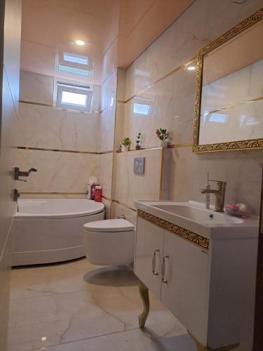 a bathroom with a sink and a toilet and a tub at 3-1квартира с бассейном в 2,5 км от моря in Altınkum