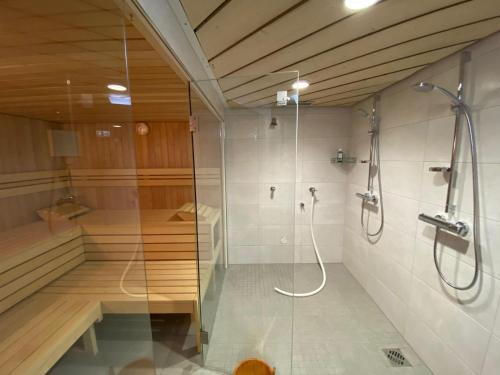 a bathroom with a shower and a glass shower stall at Appartement Vogelkoje Nummer 35 in Baiersbronn