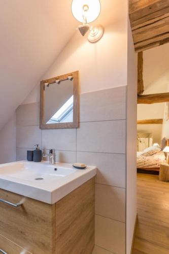 a bathroom with a sink and a mirror at Le Val Sambon in Dampierre-en-Montagne