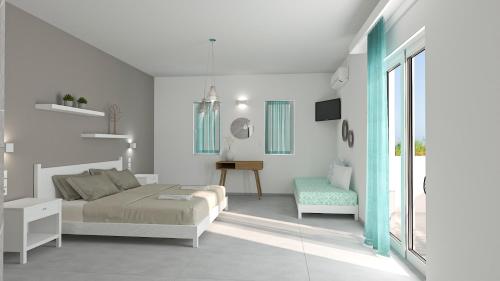 ein weißes Schlafzimmer mit einem Bett und einem Stuhl in der Unterkunft Ninemia Beach Hotel & Suites in Agia Marina