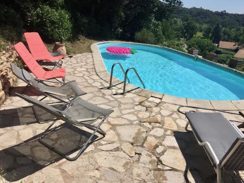 - un groupe de chaises et une piscine dans l'établissement Le mas du castellanet, à Taradeau