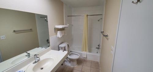 y baño con lavabo, aseo y ducha. en American Inn Motel, en Pratt
