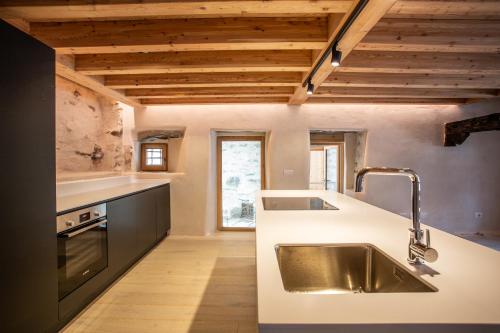 a kitchen with a stainless steel sink and wooden ceilings at LA CORTE ANTEY - Coucher de Soleil/ Pilier in Antey-Saint-André