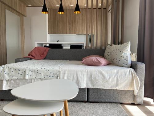 ein Wohnzimmer mit Sofa und Tisch in der Unterkunft Iulius Mall Loft in Iaşi