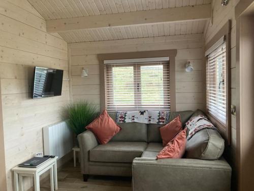 a living room with a couch and a television at Dolmen Lodge. in Donegal