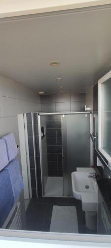 a bathroom with a shower and a sink and a toilet at Hotel Uhainak in Hendaye