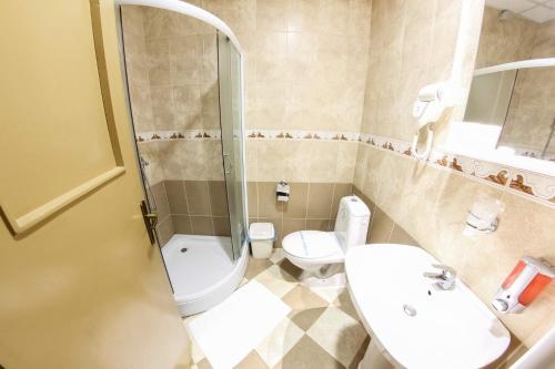 a bathroom with a toilet and a sink and a shower at Hotel Ravni Gaj in Knić
