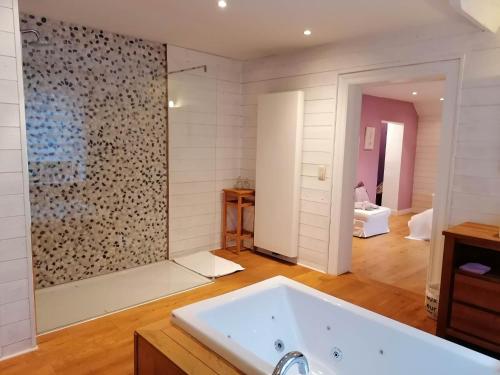 uma casa de banho com banheira num quarto em Villa Carpay em Louveigné
