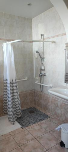 a bathroom with a shower and a shower curtain at Hotel Uhainak in Hendaye