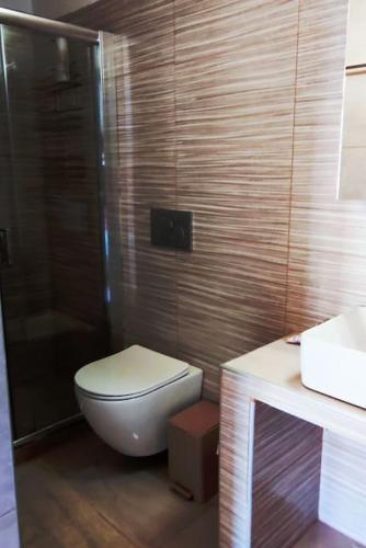 a bathroom with a toilet and a shower and a sink at SUNSET STUDIO - HYDRA DREAM HOUSES in Hydra