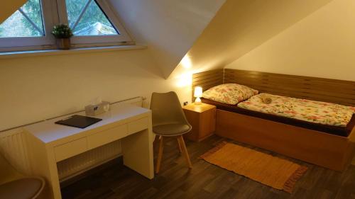 a small bedroom with a bed and a desk at Penzion TCV Pardubice in Pardubice