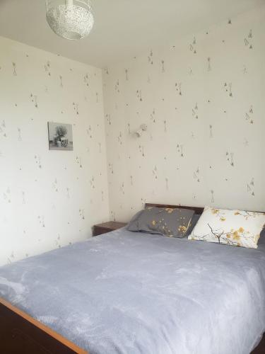 um quarto com uma cama com lençóis azuis e estrelas na parede em Chambre chaleureuse à la campagne em Marennes