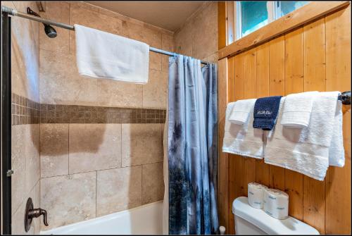 ein Bad mit einer Dusche, einem WC und Handtüchern in der Unterkunft Brundage Bungalows in McCall