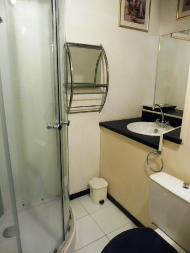 une salle de bain avec douche et lavabo dans l'établissement AZUR ET SOLEIL Joli T2 Alcove proche plage Richelieu Cap d Agde, au Cap d'Agde