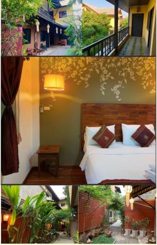 two pictures of a bedroom with a bed and a balcony at Thapae Boutique House in Chiang Mai