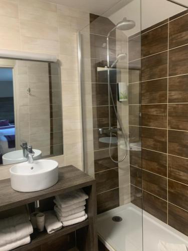 a bathroom with a sink and a glass shower at Hotel Restaurant Vesontio in Besançon