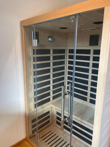 - une douche dans une chambre avec une porte en verre dans l'établissement Apartment Relax - Stubenbergsee, à Stubenberg