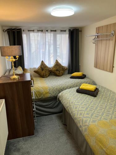 a bedroom with two beds and a lamp on a table at THE MOUNTAIN VIEW SUITE - 2 minute walk to the lovely beach front promernade of llandudno in Llandudno