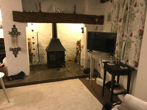 a living room with a fireplace and a tv at Idyllic Stratford upon Avon cottage in Shottery