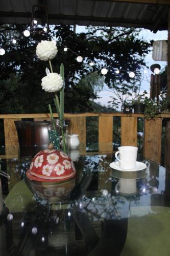 a glass table with a vase with flowers on it at Lomaroja ecohabs in Palmira