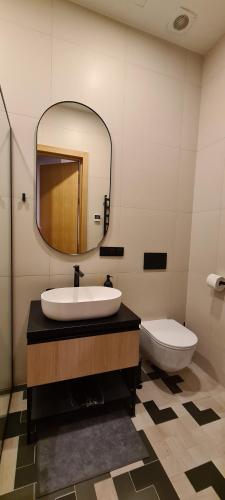 ein Badezimmer mit einem Waschbecken, einem Spiegel und einem WC in der Unterkunft Green Valley Loft in Jūrmala