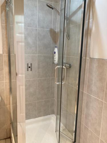 a shower stall with a glass door in a bathroom at Green Villa in Hickleton