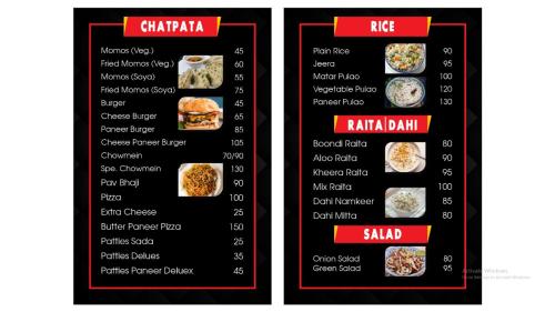 a menu for a restaurant next to each other at hotel khubsaras palace by chhabra's in Agra