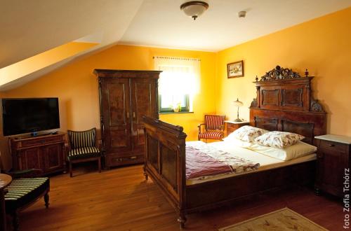 a bedroom with a bed and a flat screen tv at Cyprianówka in Warszowice