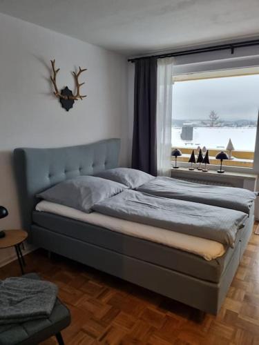 um quarto com uma cama e uma janela com vista em Appartement Wiesel em Sankt Andreasberg