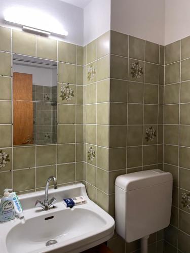 uma casa de banho com um lavatório, um WC e um espelho. em Lovely room in Düsseldorf nearly Düsseldorf Hbf em Dusseldorf