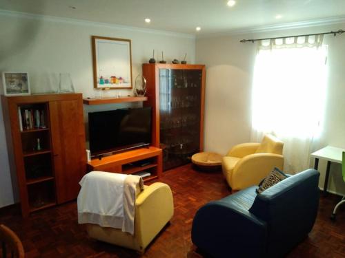 a living room with a couch and a television at Casa MAR in Madalena do Mar