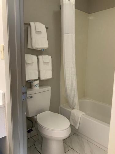 a bathroom with a toilet and a tub and towels at Days Inn by Wyndham Lake City I-10 in Lake City