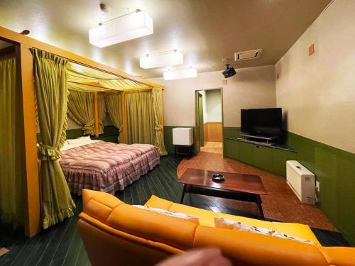 Habitación de hotel con sofá, cama y TV en Hotel ARUN en Yobito