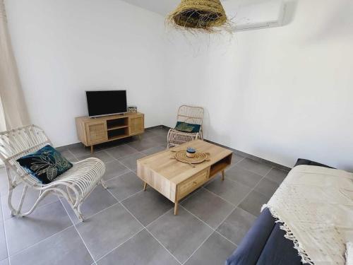TV a/nebo společenská místnost v ubytování Villa Neuve avec Piscine privée Vallon pont d'Arc - 2 chambres - 6personnes - cocon