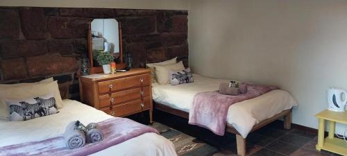 a bedroom with two beds and a dresser and a mirror at Koha Guesthouse in Mariental