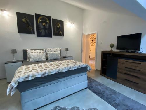 a bedroom with a bed and a flat screen tv at Kula Apartman 2 in Brčko