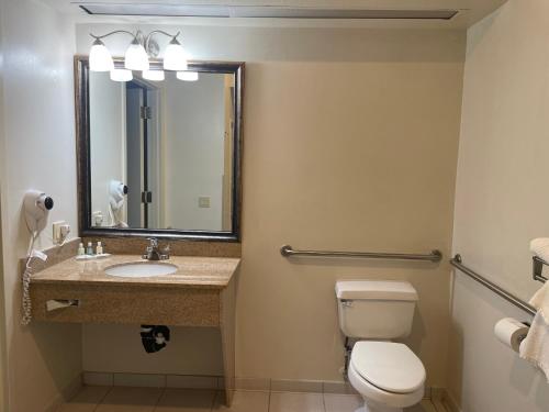 a bathroom with a toilet and a sink and a mirror at Quality Inn & Suites Longview Kelso in Longview